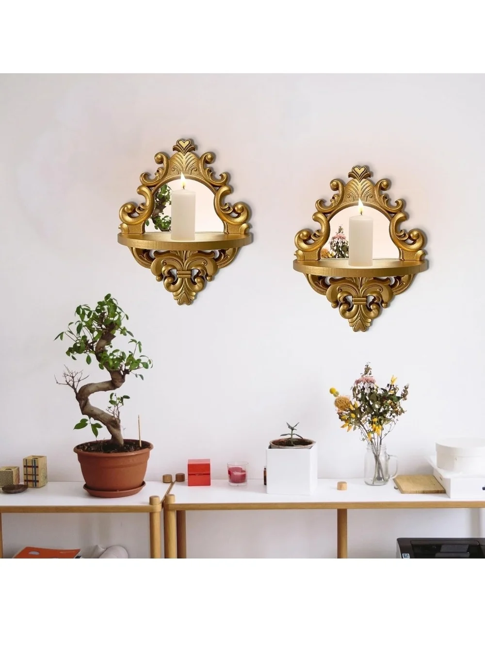 Ornate Gold Wall Mirror Shelf - Decorative Home Accent
